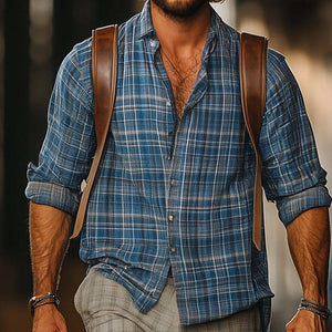 Men's Western Retro Plaid Print Long Sleeve Shirt Shorts Set