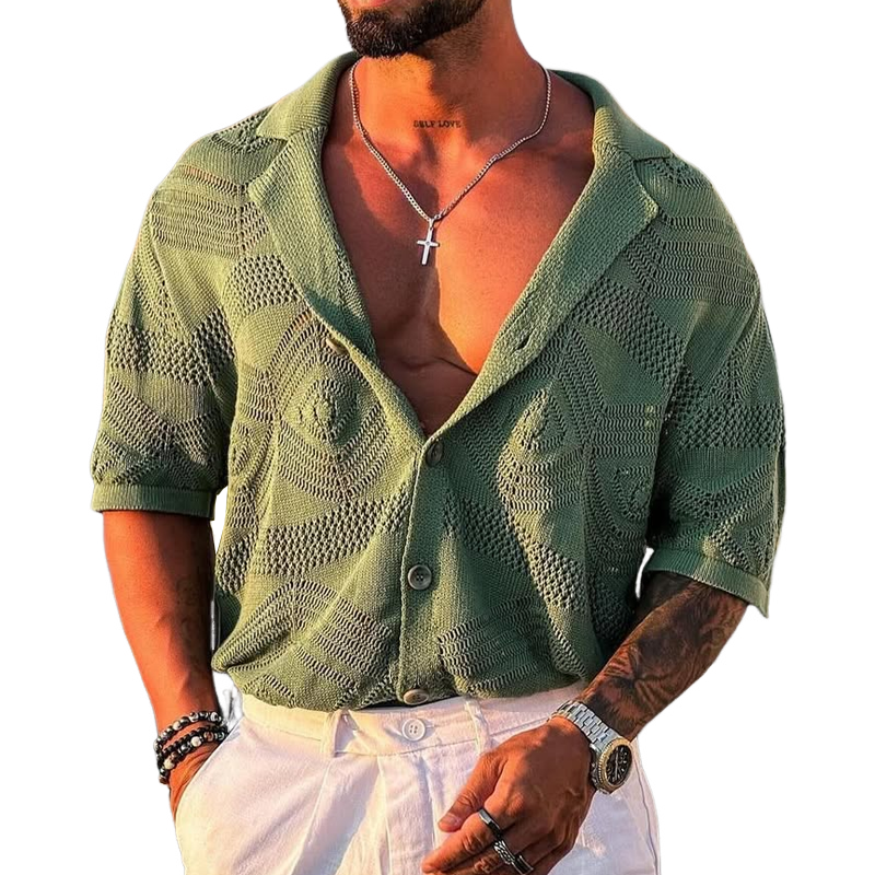 Men's Knit Solid Notch Lapel Single Breasted Short Sleeve Polo Shirt MTA0803D6Z