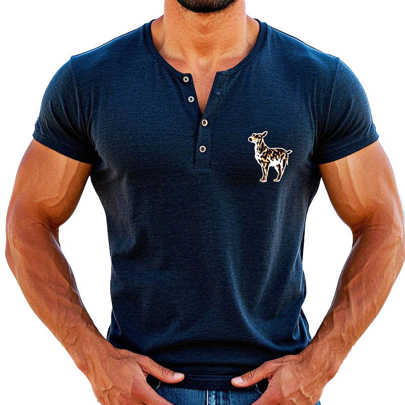 Men's Blended Puppy Print Henley Neck Short Sleeve T-Shirt