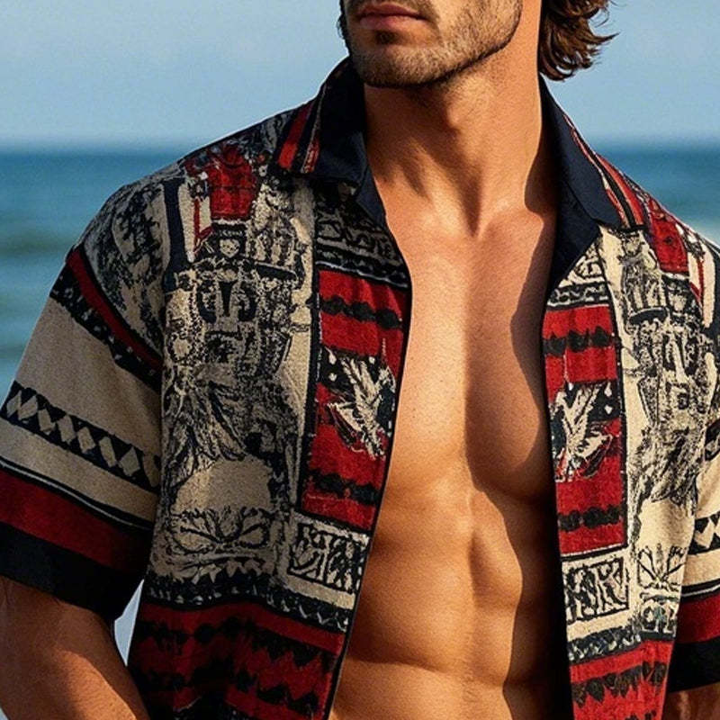 Camisa de manga corta con solapa estampada vintage para hombre