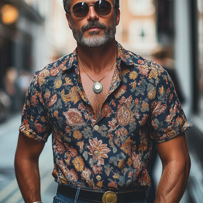 Camisa casual de manga corta con estampado retro para hombre