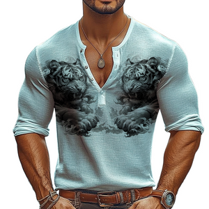 Camiseta de manga larga con cuello henley y estampado de tigre para hombre 