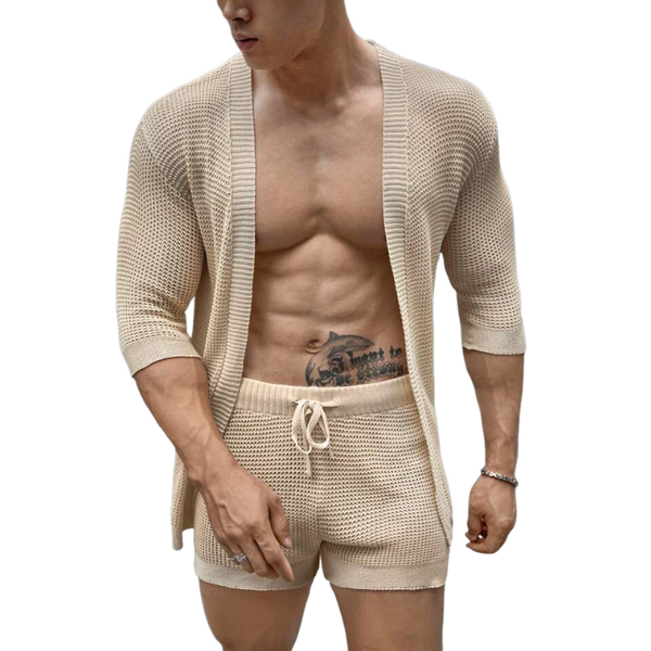 Lässiges Herren-Strickset mit mittellangen Ärmeln, Strickjacke und Shorts mit elastischer Taille