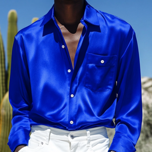 Camisa de manga larga holgada con bolsillo de parche y solapa de satén vintage para hombre