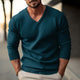 Men's Solid Color V-neck Long-sleeved Knitted Pullover Sweater