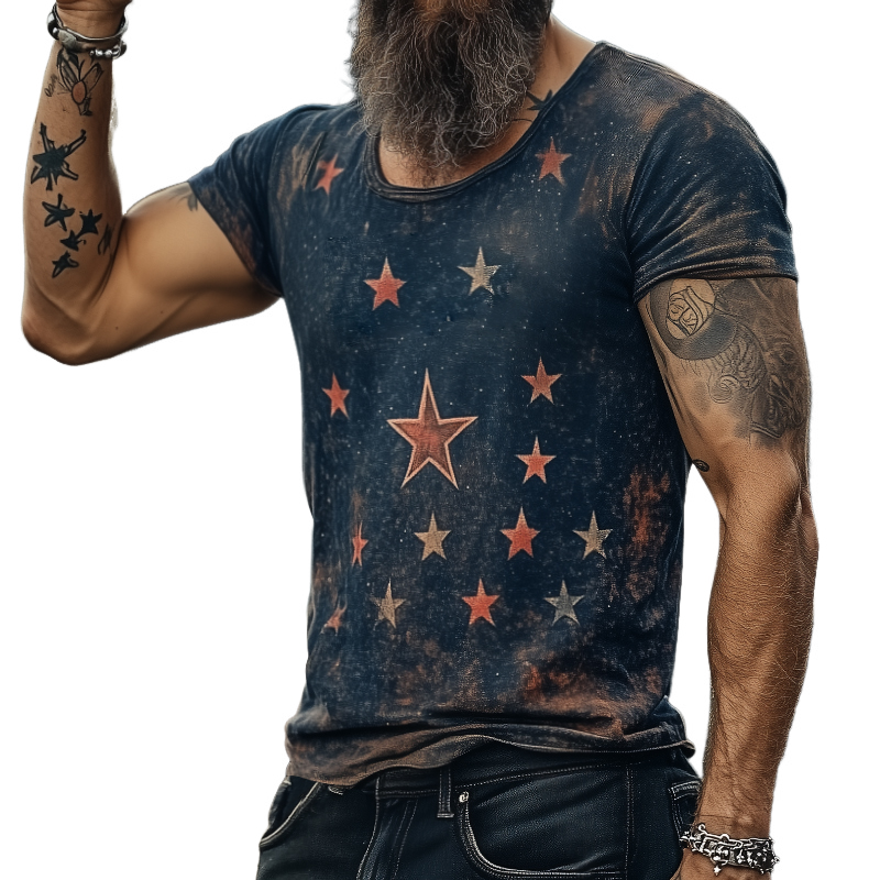Camiseta de manga corta con cuello redondo y estampado retro informal de universo estelar para hombre