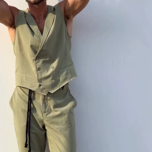 Men's Solid Notch Lapel Double Breasted Vest Trousers Casual Set