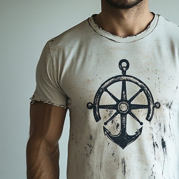 Camiseta de manga corta con cuello redondo, rasgada e informal con estampado de ancla náutica retro para hombre