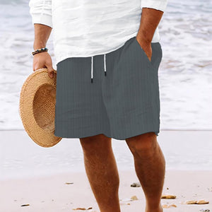 Pantalones cortos de playa a rayas de algodón y lino con cordón para hombre