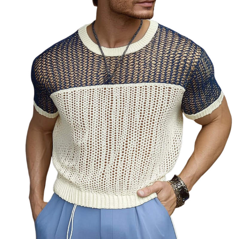Camiseta informal de punto de manga corta con cuello redondo y bloques de color para hombre