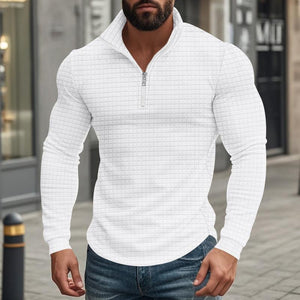 Camiseta de manga larga con cuello alto cuadrado pequeño y media cremallera para hombre