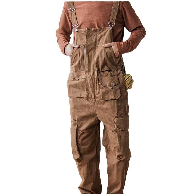 COTTON STRAIGHT TUBE MULTI POCKET WORKWEAR OVERALLS MEN'S LIGHT GREEN HIP-HOP COMBO