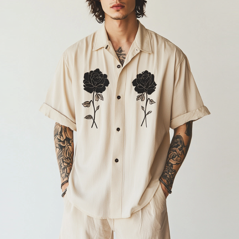 Men's Casual Cotton Linen Rose Embroidery Lapel Loose Short Sleeve Shirt