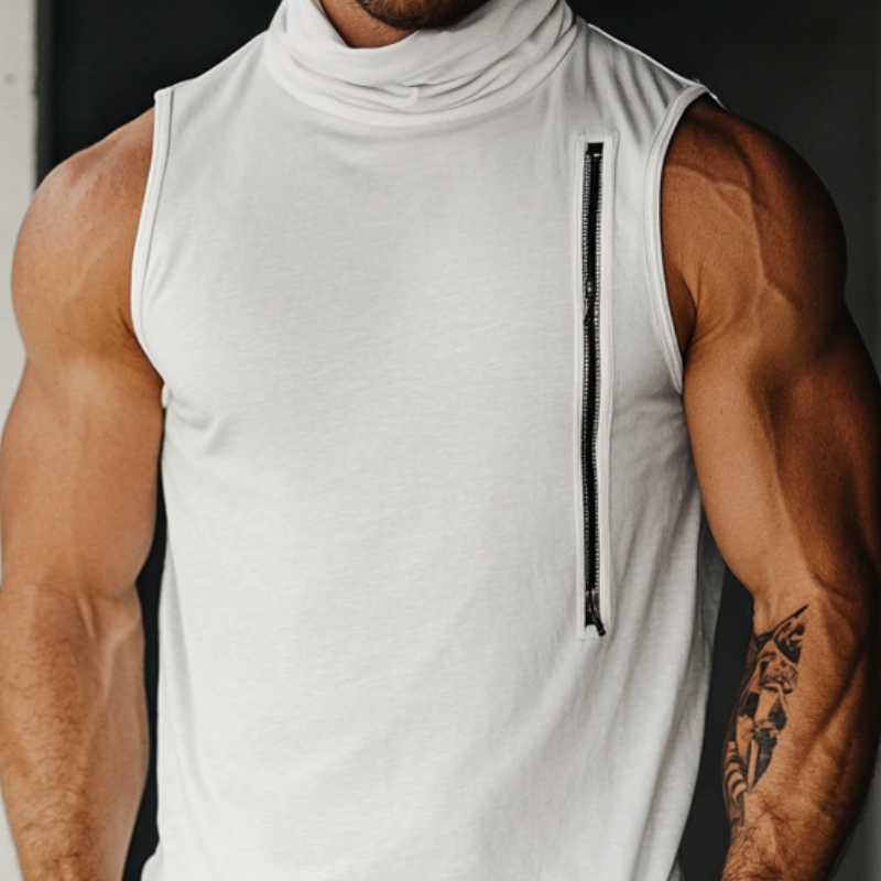 Men's Stylish Pile Collar Zipper Decorative Cotton Slim Fit Tank Top