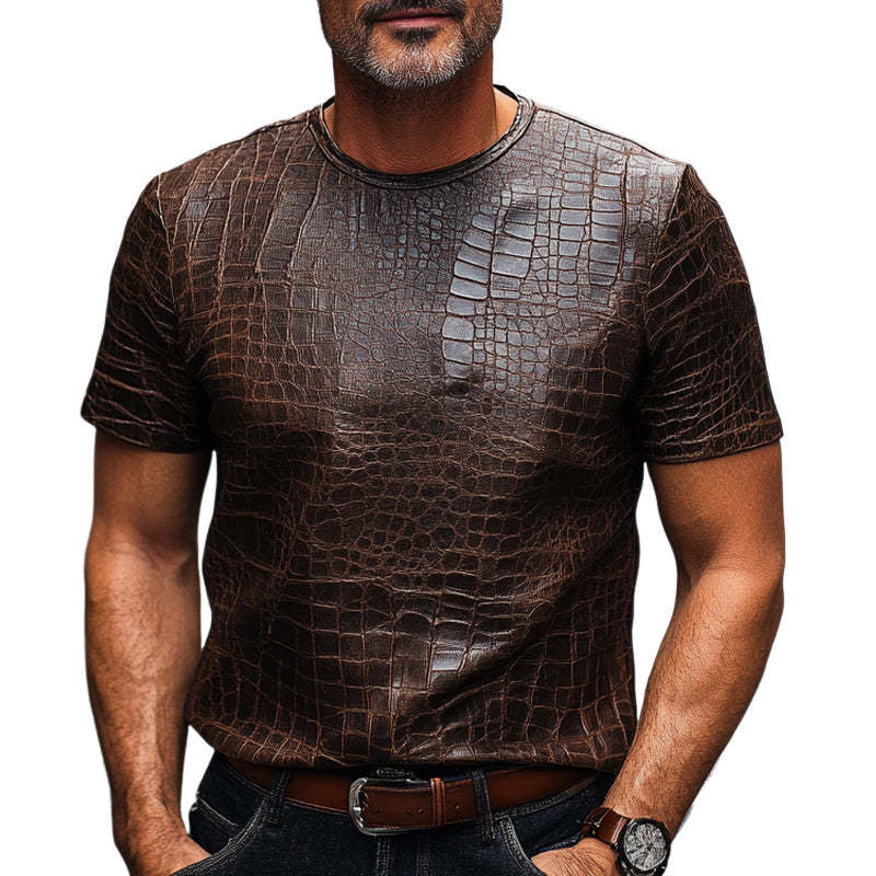 Men's Brown Crocodile Textured PU Leather Short Sleeve T-Shirt