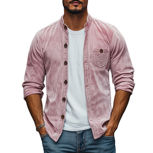 Men's Spring Fashion Casual Stand Collar Embroidered Suede Long Sleeve Shirt