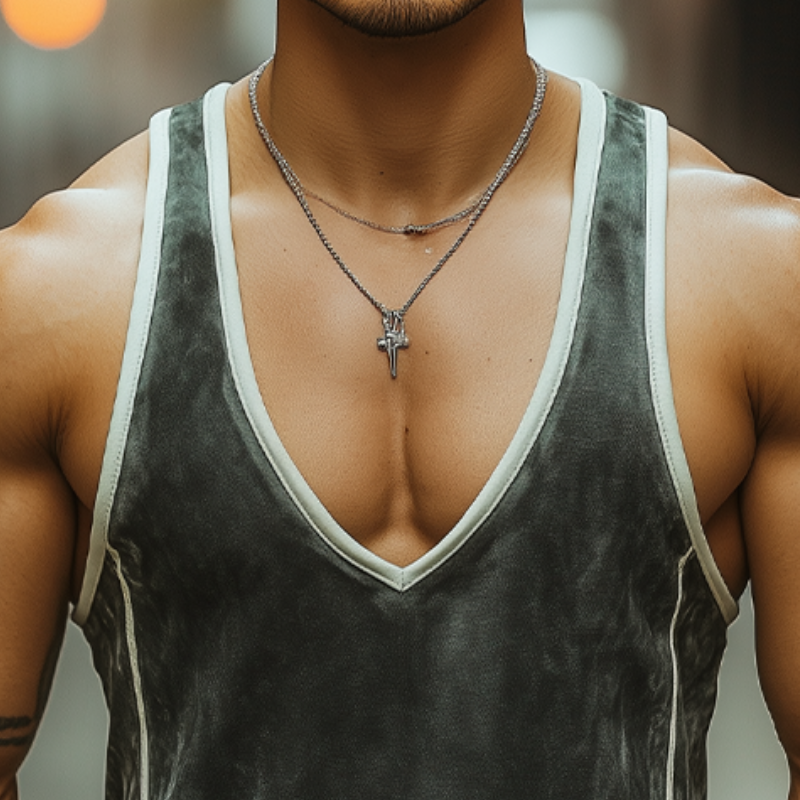 Camiseta sin mangas de gamuza con cuello en V profundo y costuras para hombre, estilo informal y de moda de verano