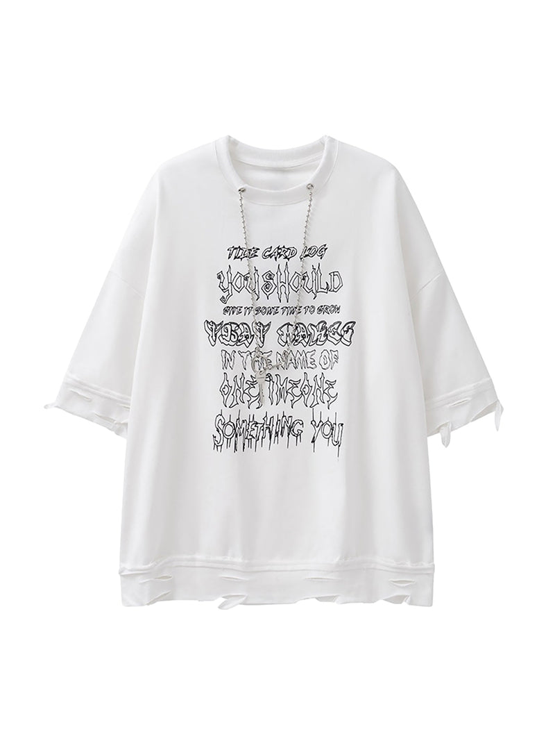 Chain Decorated 3/4 Sleeve Street Rap T-Shirt