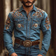 Men's Western Cowboy Style Embroidered Lapel Chest Pocket Long Sleeve Denim Shirt