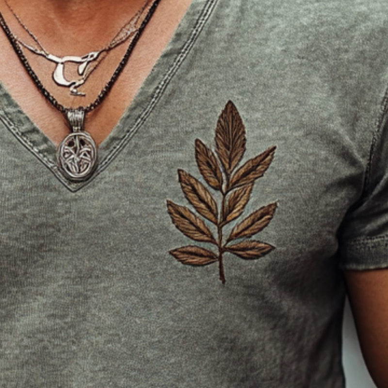 Camiseta informal de algodón lavado con bordado y cuello en V, manga corta y ajustada para hombre
