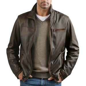 Chaqueta de cuero vintage con cremallera para hombre
