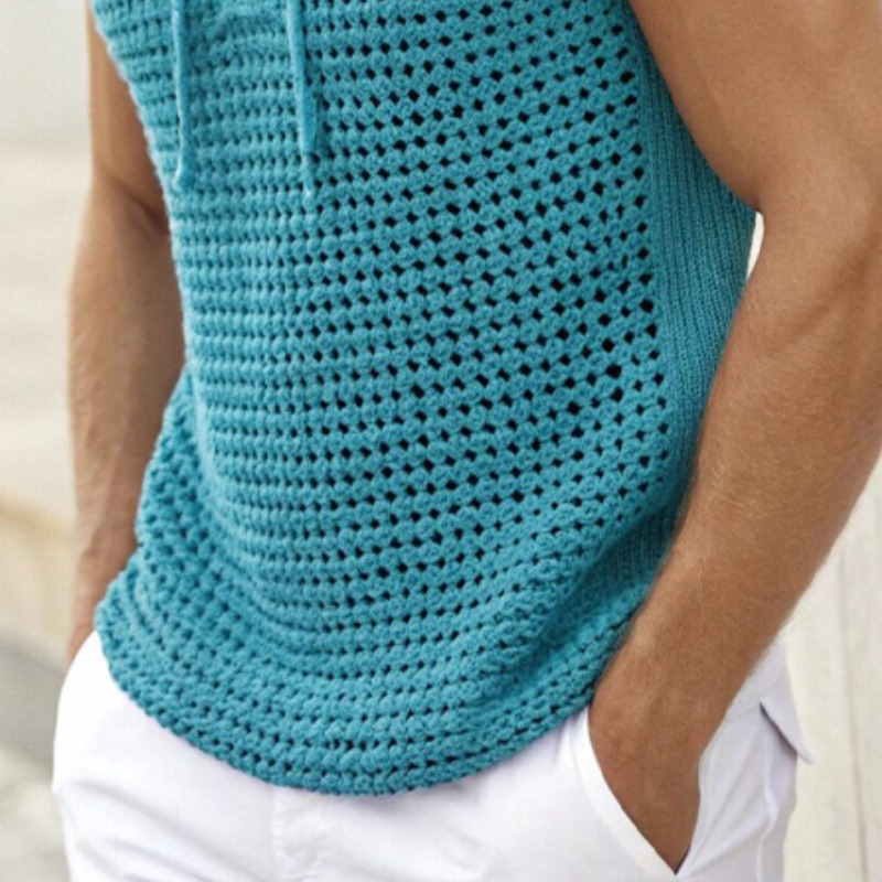 Camiseta de manga corta de punto hueco con capucha informal de moda de verano para hombre