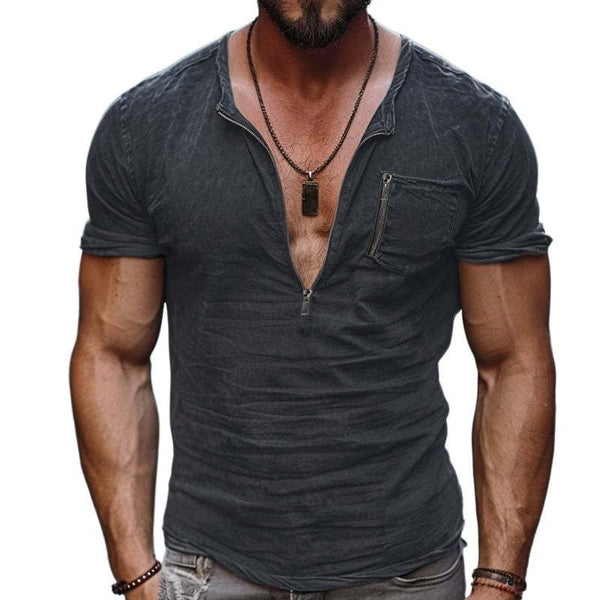 Men's Casual Cotton Washed Zippered Neck Patch Pocket Short Sleeve T-Shirt