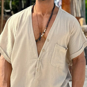 Men's Spring Fashion Casual Loose Deep V Neck Linen Short Sleeve Shirt