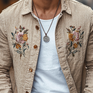 Camisa informal de lino con bordado floral y solapa holgada de manga larga para hombre