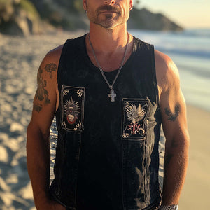 Camiseta sin mangas de mezclilla desgastada, lavada y bordada, estilo retro de verano para hombre