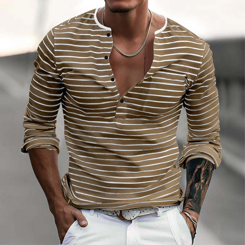 Men's Striped Henley Collar Long Sleeve Casual T-shirt