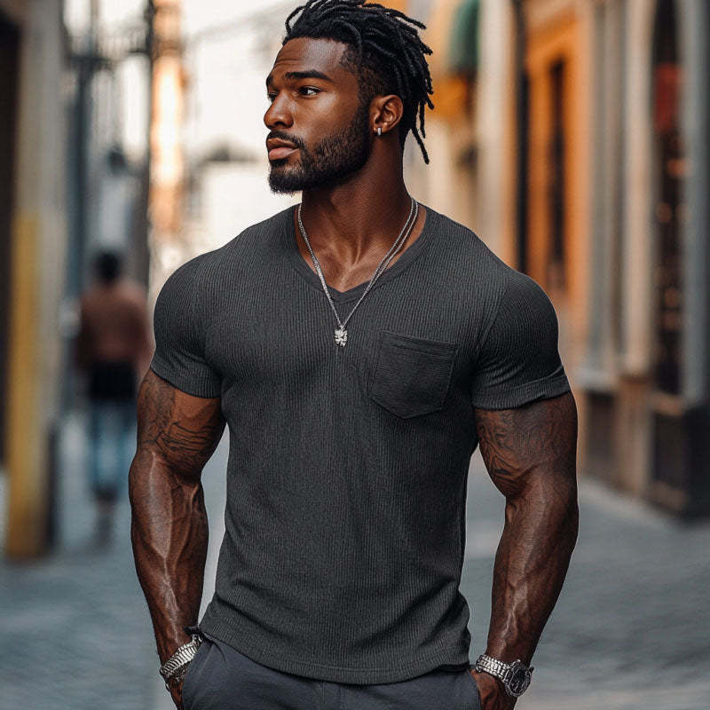Men's Casual Ribbed Cotton Blend V-neck Slim Fit Short-sleeved T-shirt