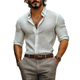 Men's Casual Cotton Linen Lapel Single Breasted Slim Fit Long Sleeve Shirt