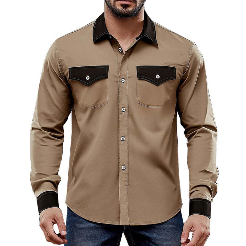 Men's Comfortable Khaki Colorblock Casual Long Sleeve Shirt