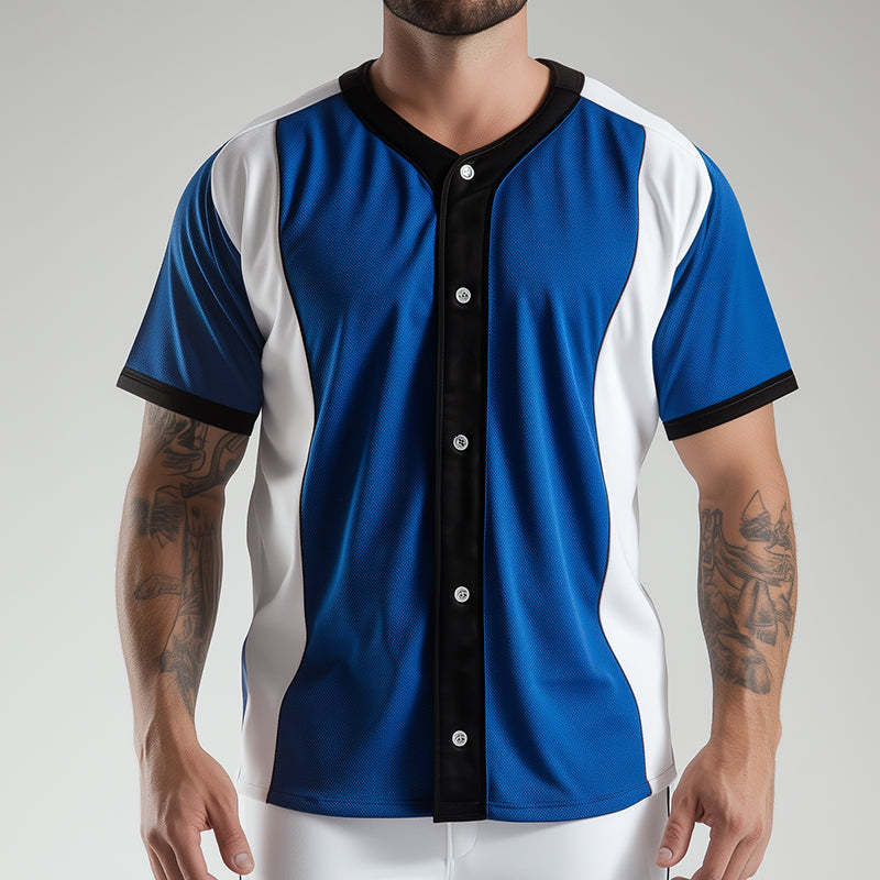 Camiseta de béisbol de manga corta con botones deportivos, estilo retro informal con bloques de color para hombre