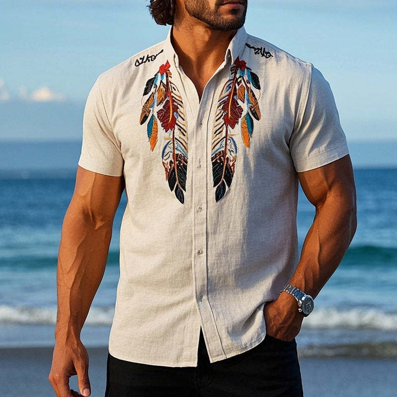 Camisa de manga corta con bordado de plumas vintage para hombre