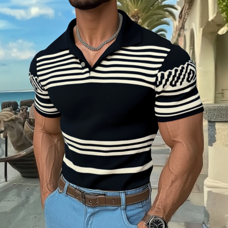 Camiseta informal de manga corta de punto con solapa a rayas y jacquard de corte entallado para hombre
