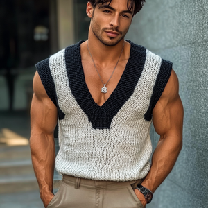 Men's Casual V Neck Contrast Color Slim Knitted Vest