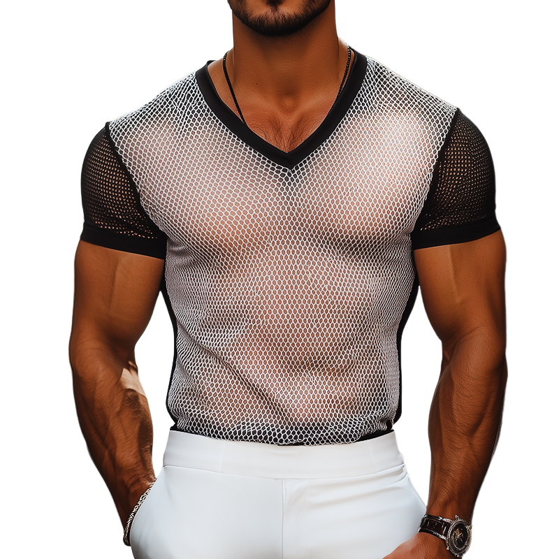 Herren Retro Casual Sommer Cool Mesh Stoff Colorblock V-Ausschnitt Kurzarm T-Shirt