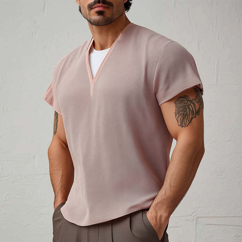 Herren Sommer Basic V-Ausschnitt Strukturiertes Kurzarm T-Shirt