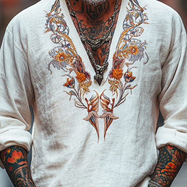 Camiseta vintage informal de algodón con cuello en V y manga larga bordada para hombre