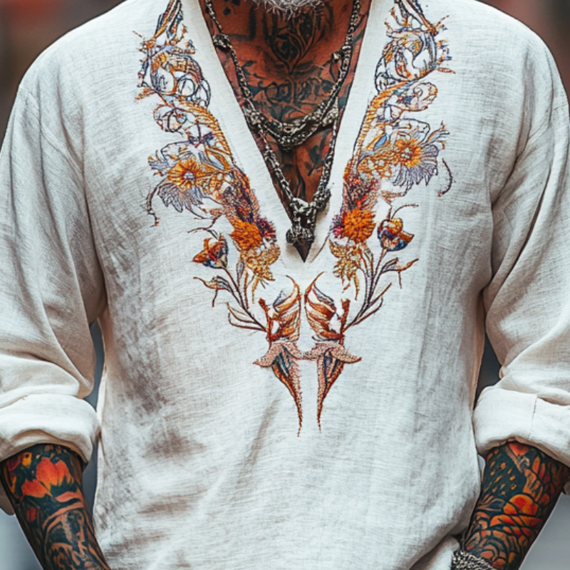 Camiseta vintage informal de algodón con cuello en V y manga larga bordada para hombre