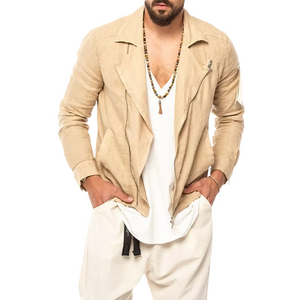 Chaqueta vintage de algodón y lino color albaricoque con solapa con muesca para hombre