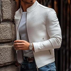 Men's Fashion Stone Pattern Stand Collar Zipper Slim Fit Leather Jacket