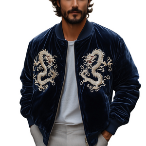 Chaqueta de terciopelo con bordado de dragón vintage azul marino para hombre