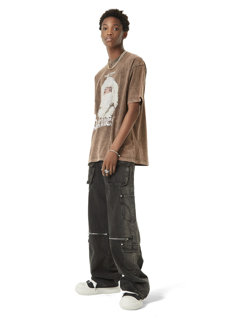 Multi-pocket Zipper Design Washed Hip-Hop Jeans