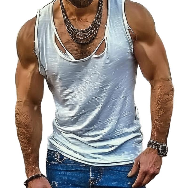 Camiseta informal de tirantes con agujeros y lavado de mezcla de algodón para hombre