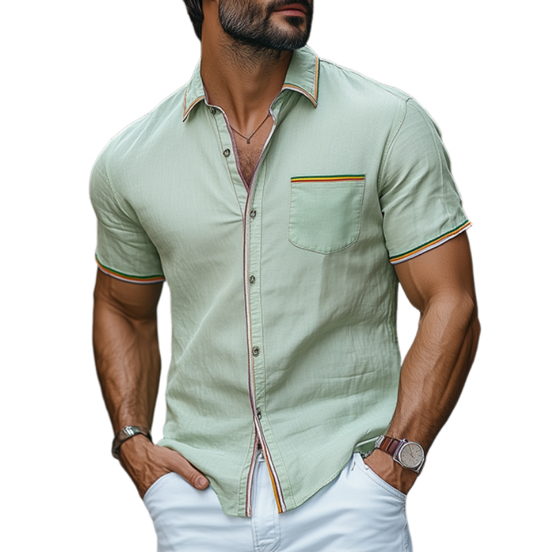 Camisa informal de verano para hombre, de algodón y lino con costuras de cinta de colores, de manga corta