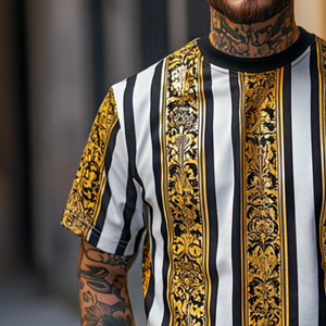Camiseta de manga corta con cuello redondo y estampado barroco retro informal para hombre