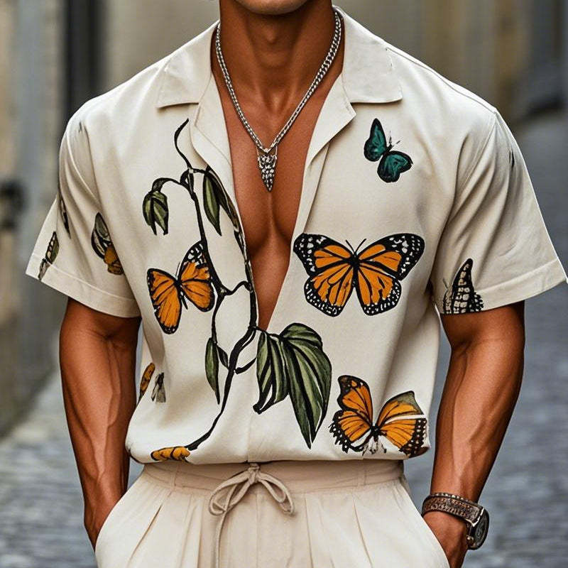 Men's Casual Loose Butterfly Print Short Sleeve Shirt MTA2586C6X